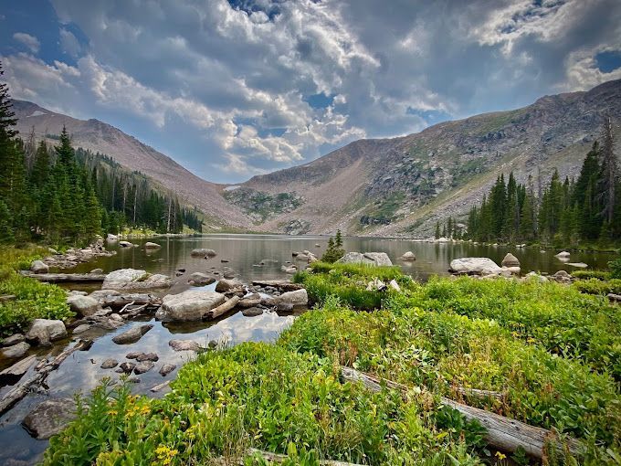A lake in the middle of a forest with mountains in the background.