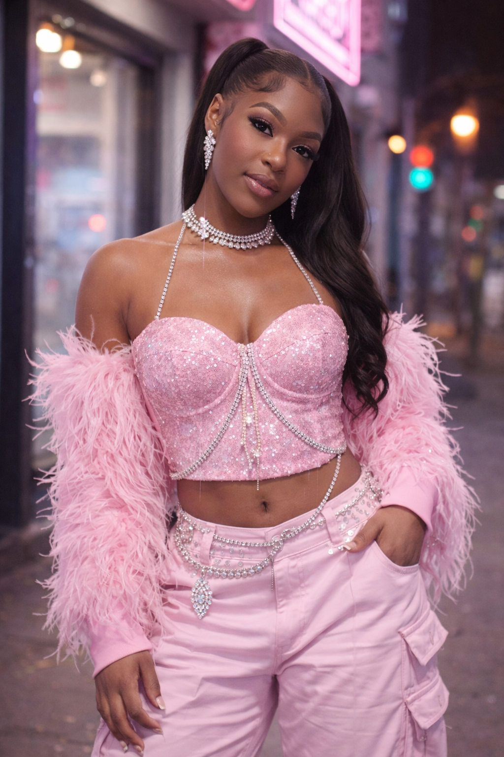A person wearing a pink feathered jacket and sequined corset top with rhinestone jewelry, posing in a city setting.