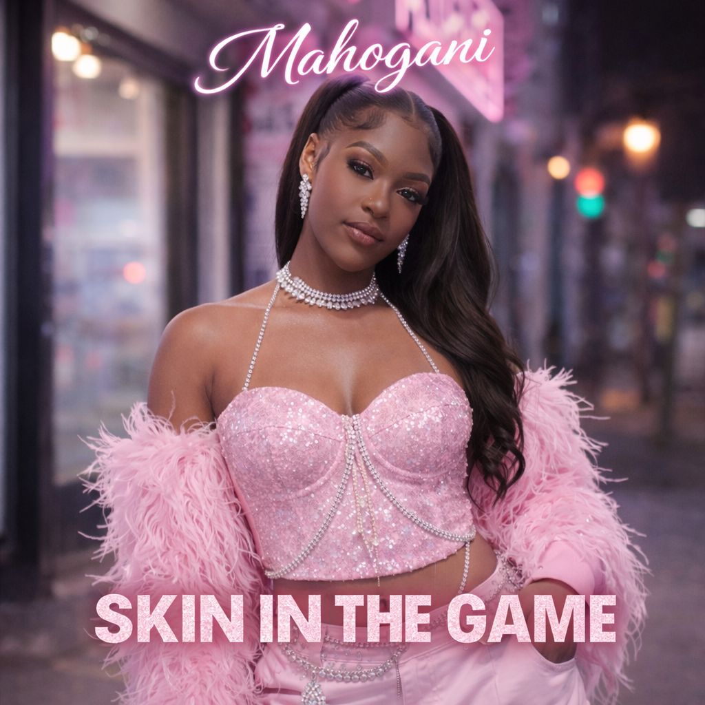 A person in a pink, feathered top and sparkling jewelry poses in a city street. Text reads