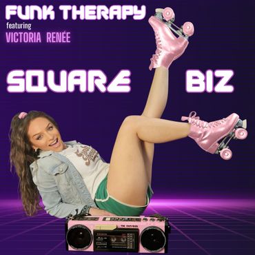 Cover art: Funk Therapy featuring Victoria Renée. Woman in roller skates with a pink boombox. Purple background.