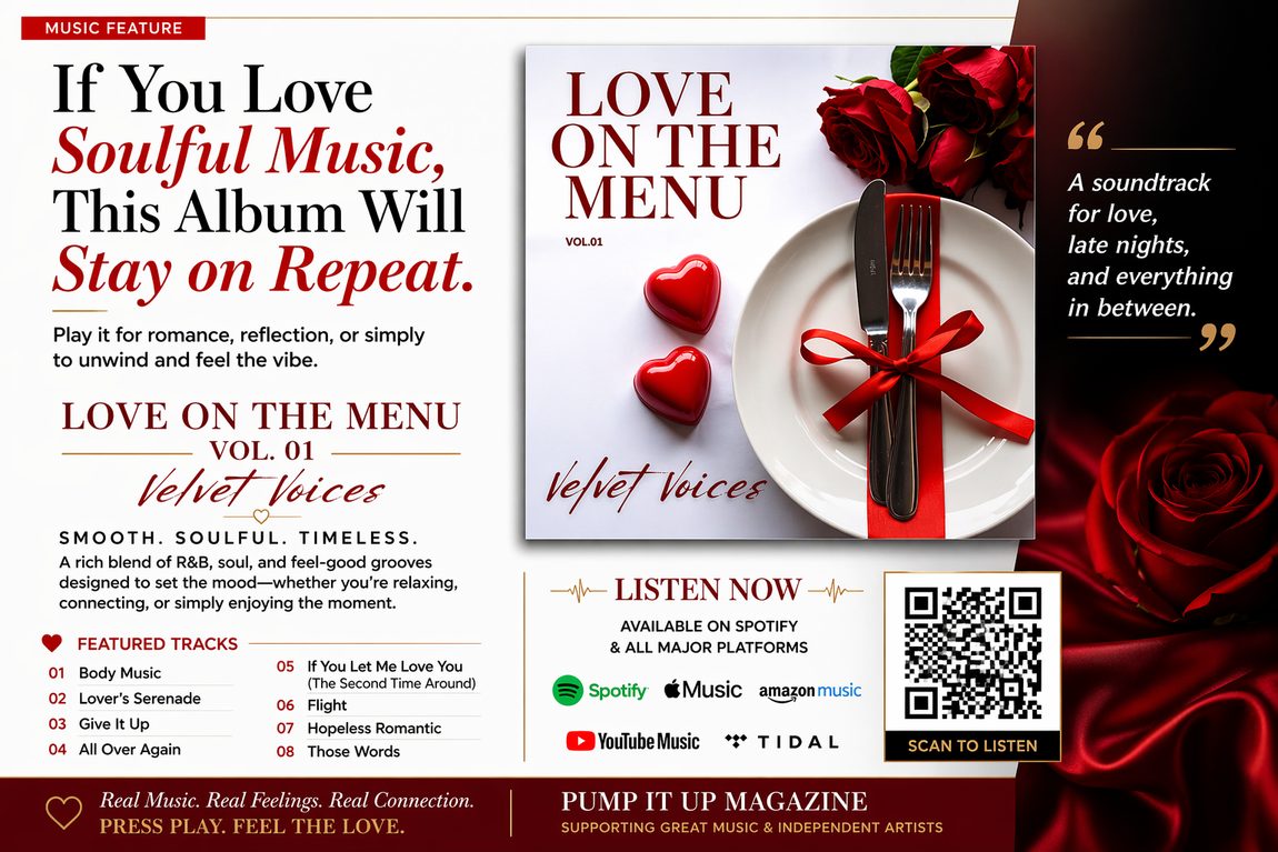 Promotional collage for “Love on the Menu” with red hearts, flowers, menu text, and a QR code