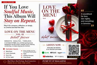 Promotional collage for “Love on the Menu” with red hearts, flowers, menu text, and a QR code