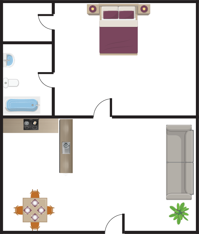 Floor plan of a small apartment with a bedroom, bathroom, kitchen, and living area. Furniture includes a bed, sofa, table, and appliances.