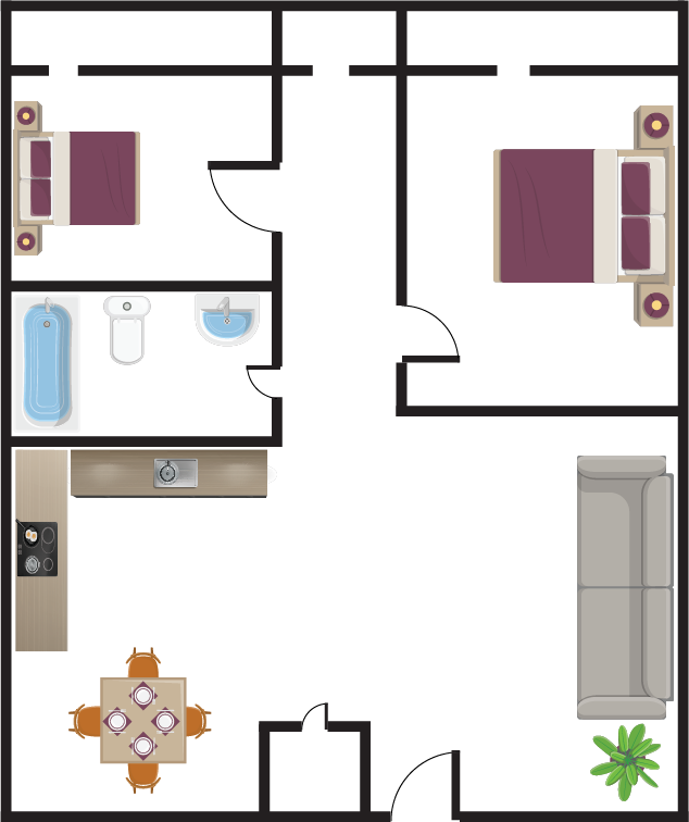 Floor plan of an apartment, showing a bedroom, bathroom, kitchen, living room, and dining area.