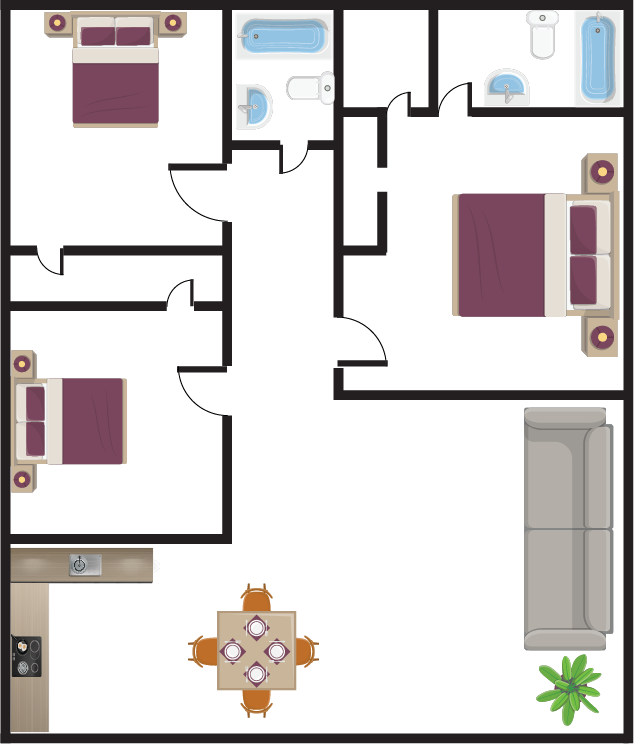 Floor plan of a three-bedroom apartment. Includes bedrooms with beds, a kitchen, living room with a sofa, and a dining area.