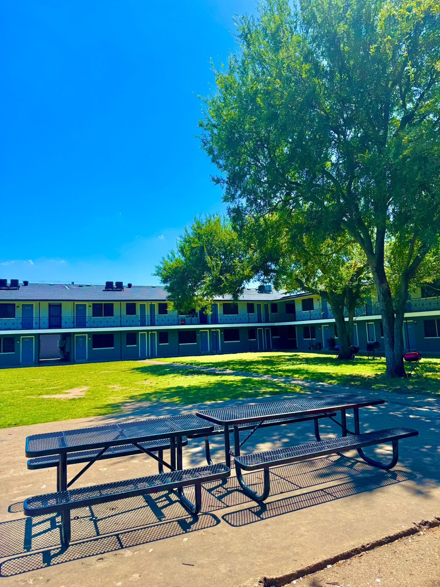 Picnic tables in front of a two-story apartment building under a bright blue sky with a large tree to the right.