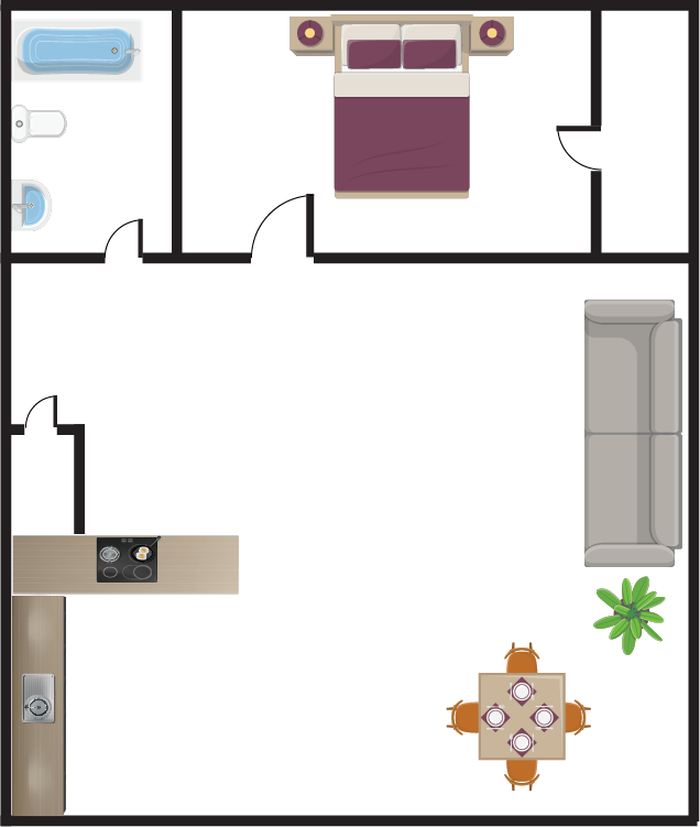 Floor plan of a small apartment with a bedroom, bathroom, kitchen, and living area. Furnishings include a bed, sofa, dining table, and stove.