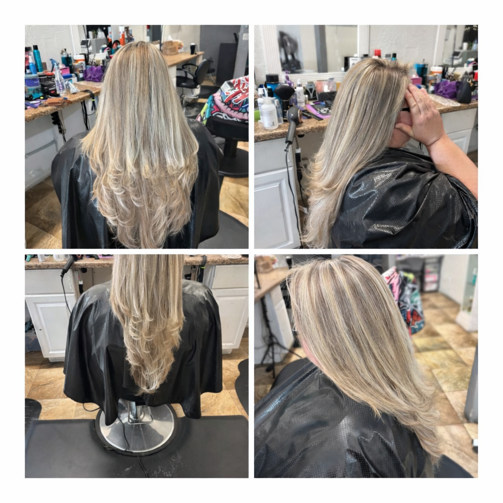 Collage showing four views of long, layered blonde hair with highlights in a salon setting.