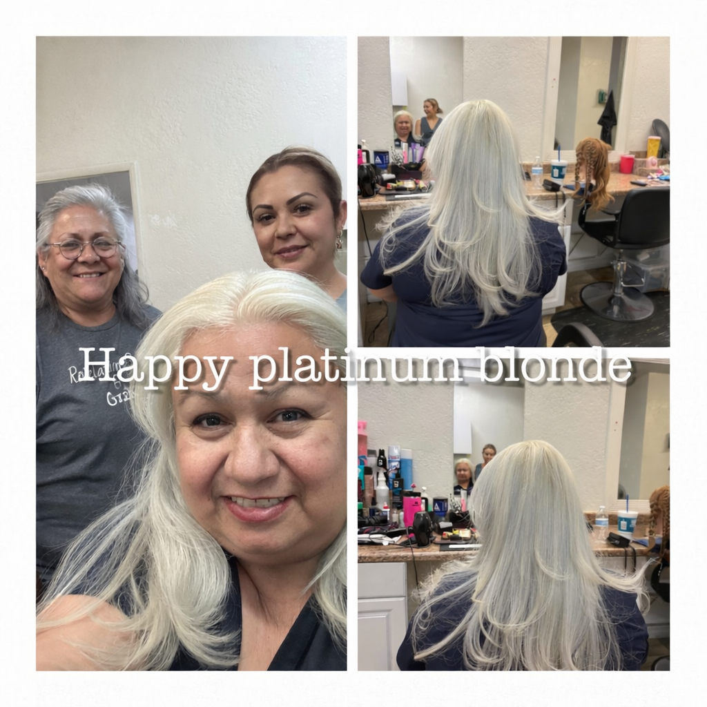 A collage showing a person with freshly colored platinum blonde hair, posing with a stylist in a salon setting.