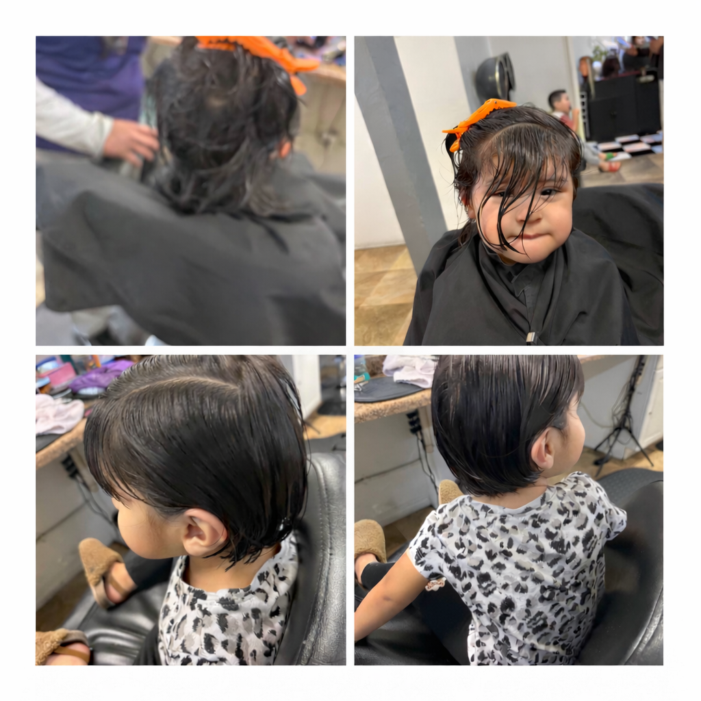 A collage shows a child getting a haircut in a salon, transitioning from long hair to a short, neat style.