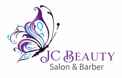 Logo for JC Beauty Salon & Barber, a purple and blue butterfly design with text.
