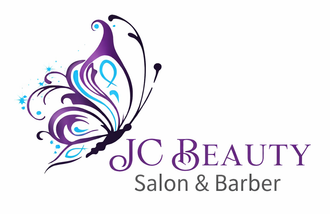 Logo for JC Beauty Salon & Barber, a purple and blue butterfly design with text.
