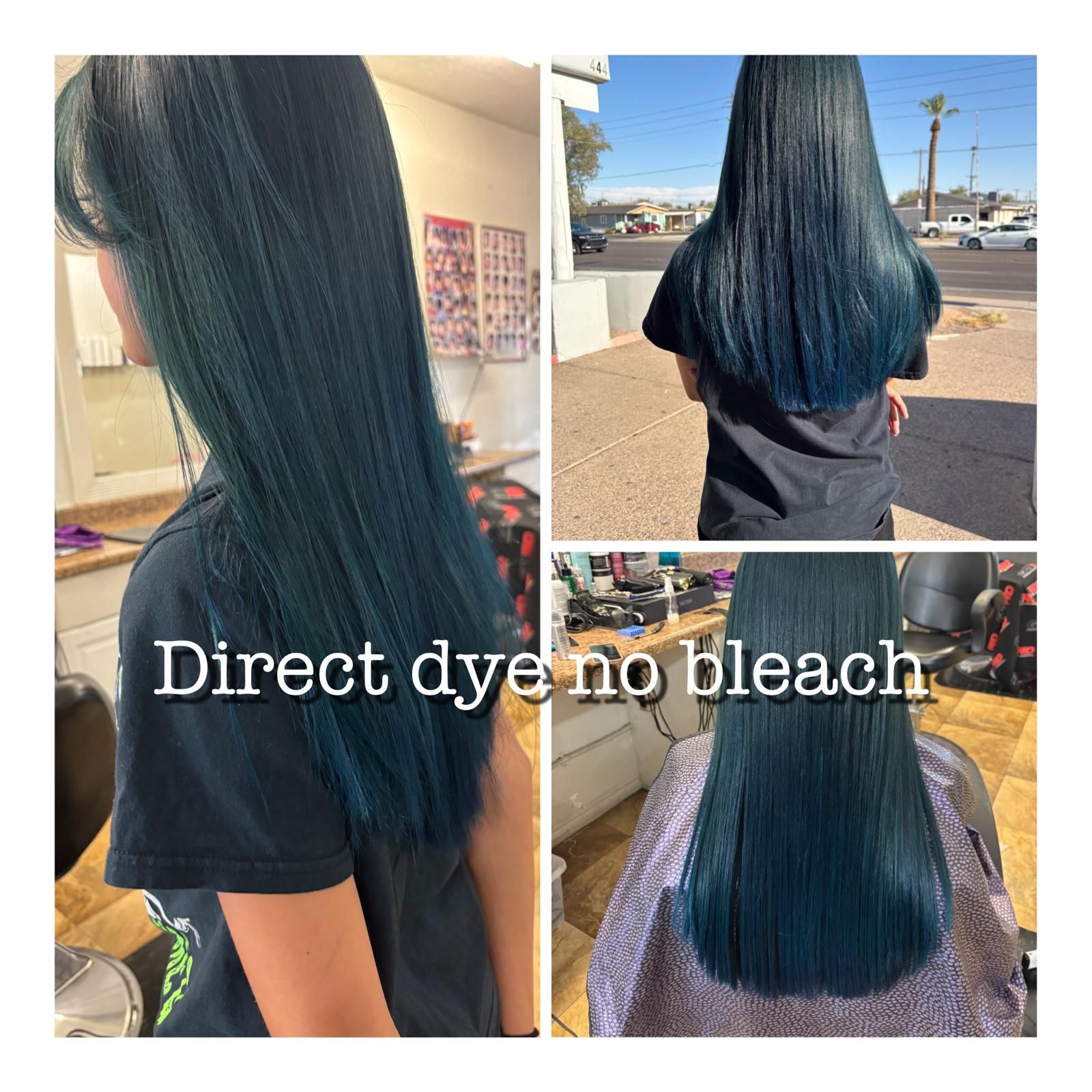 A collage showing long, dark teal-dyed hair from multiple angles, with the text 