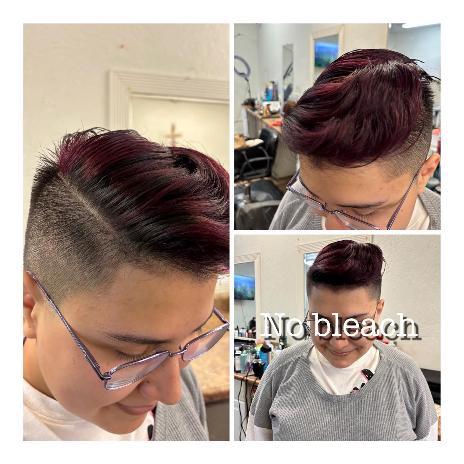 Three views of a person with a short, faded haircut and dark red hair styled on top, with the text 