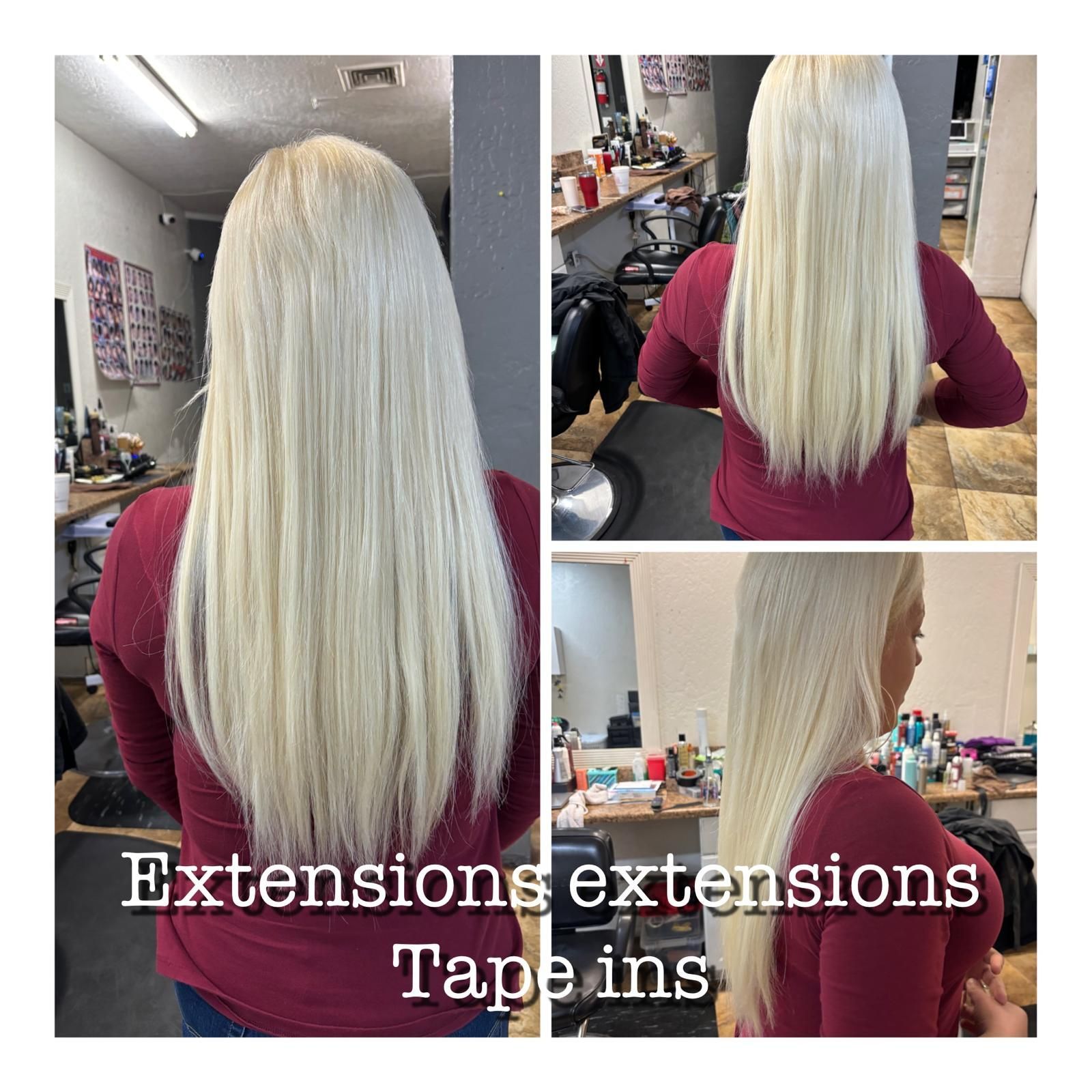 Three views of a person with long, platinum-blonde tape-in hair extensions in a salon setting.