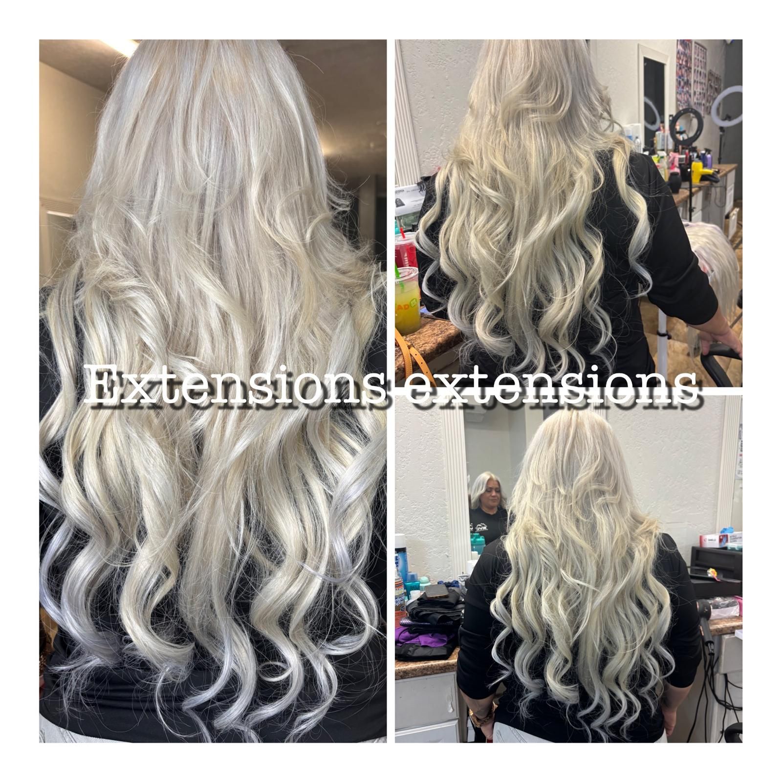 Three views of long, wavy, platinum-blonde hair styled with extensions in a salon setting.