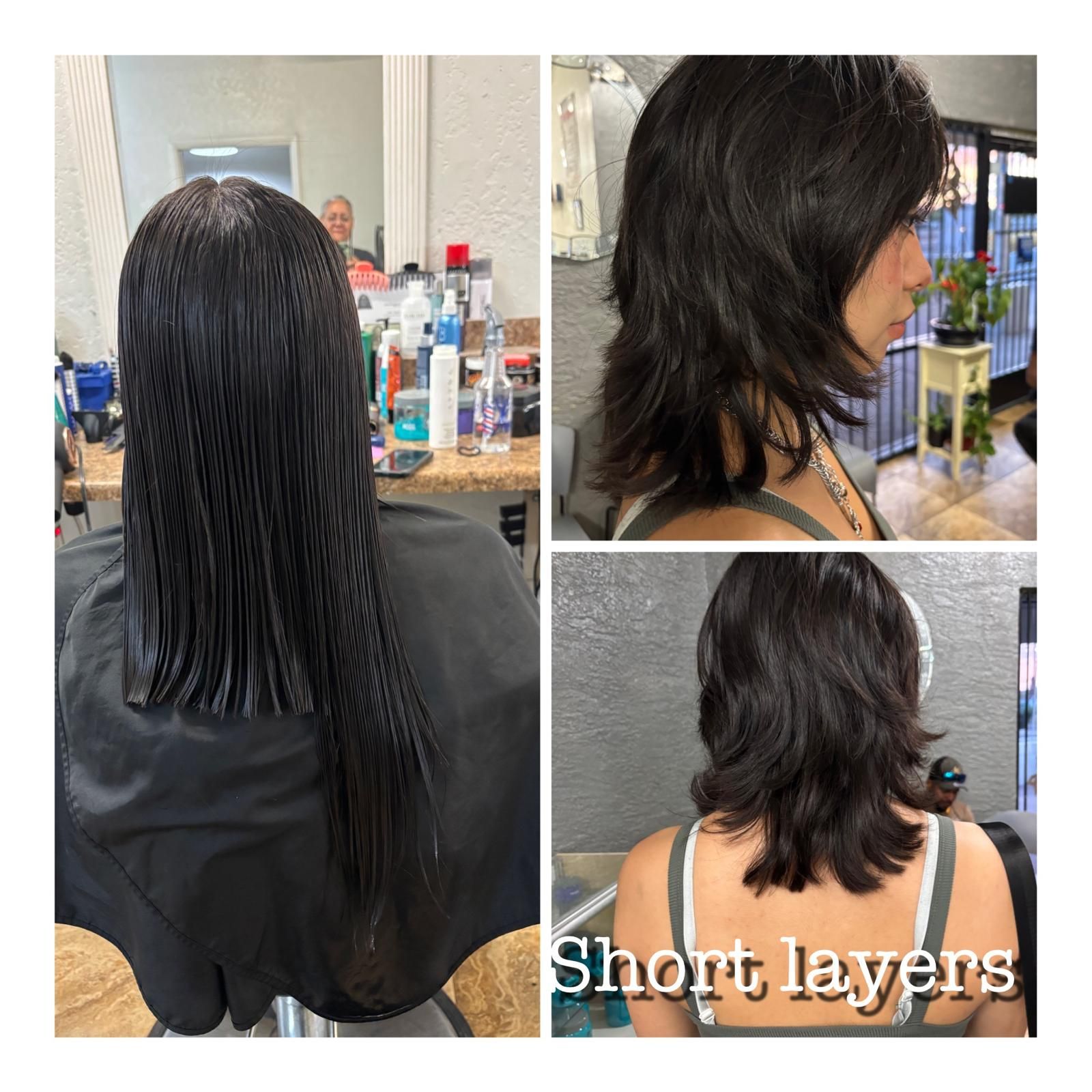 Before and after photos of a salon haircut showing long, wet hair transformed into a shoulder-length cut with short layers.