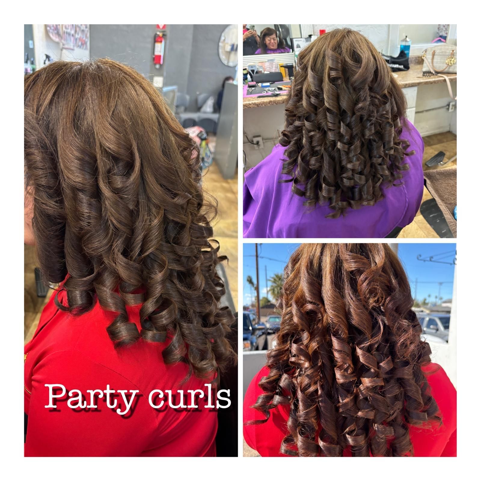 A collage of three views of brunette hair styled in uniform, bouncy ringlet curls, labeled 