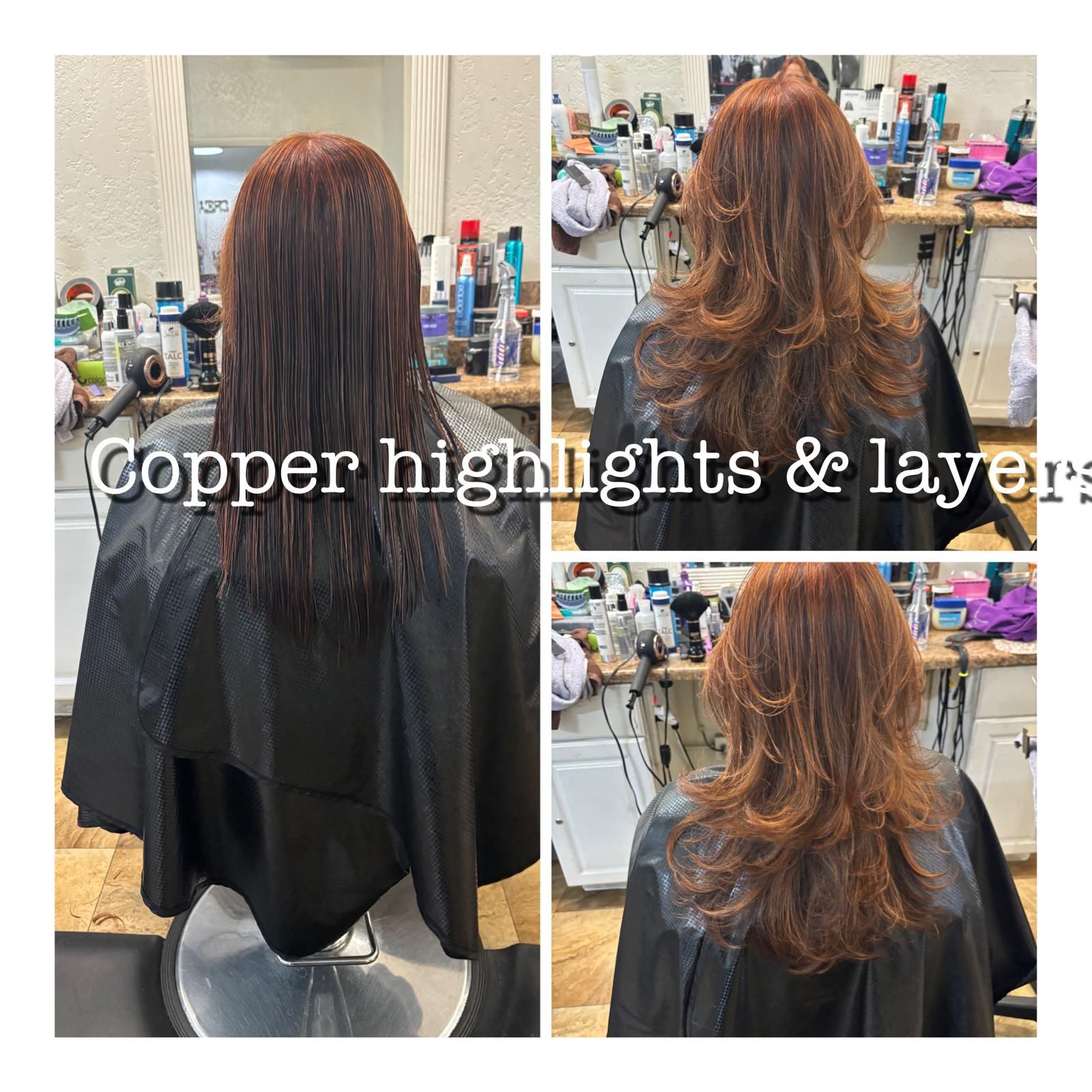 A before-and-after of a hair transformation featuring copper highlights and fresh layers in a salon setting.
