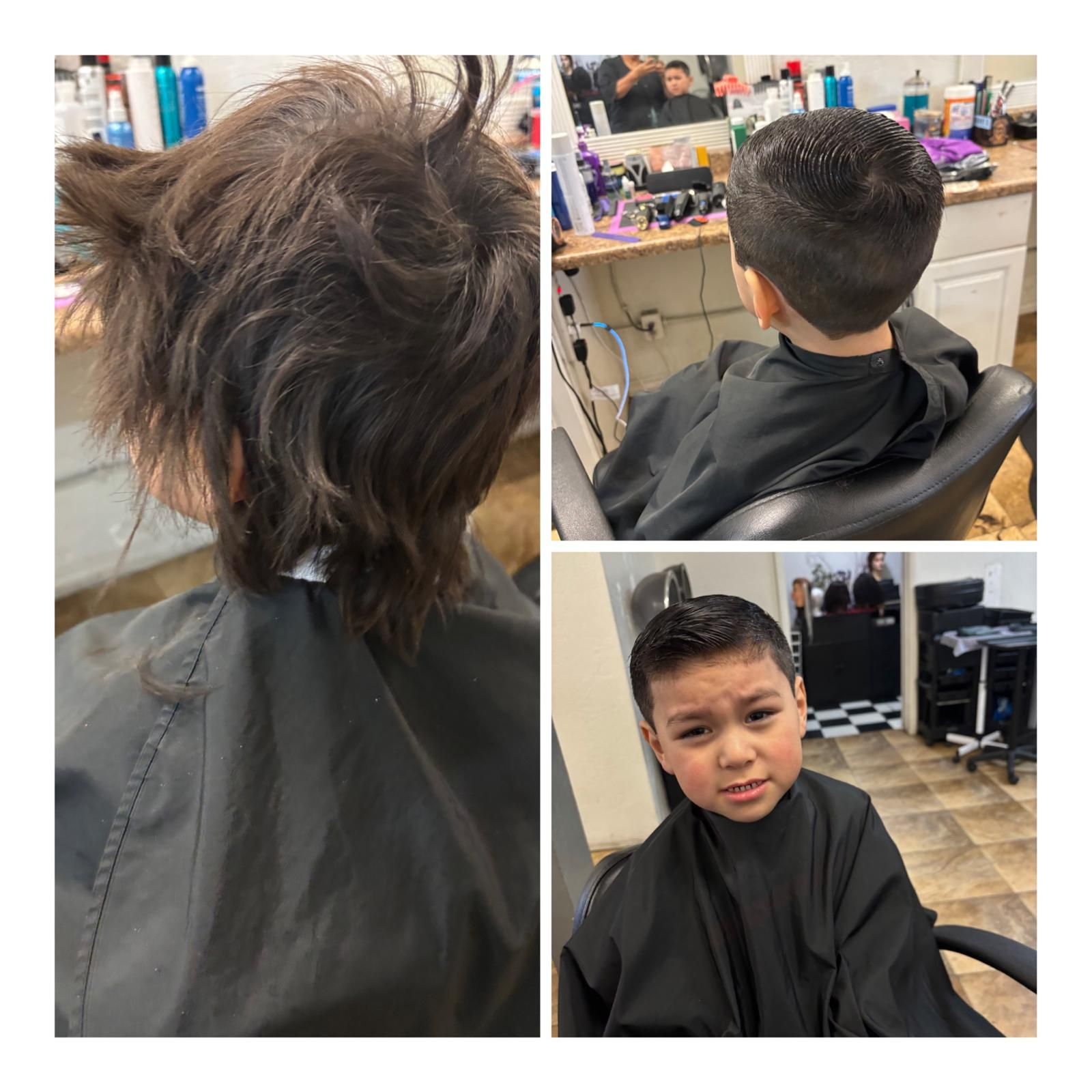 Three-part composite showing a child's hair before and after a salon haircut, from the back and front.