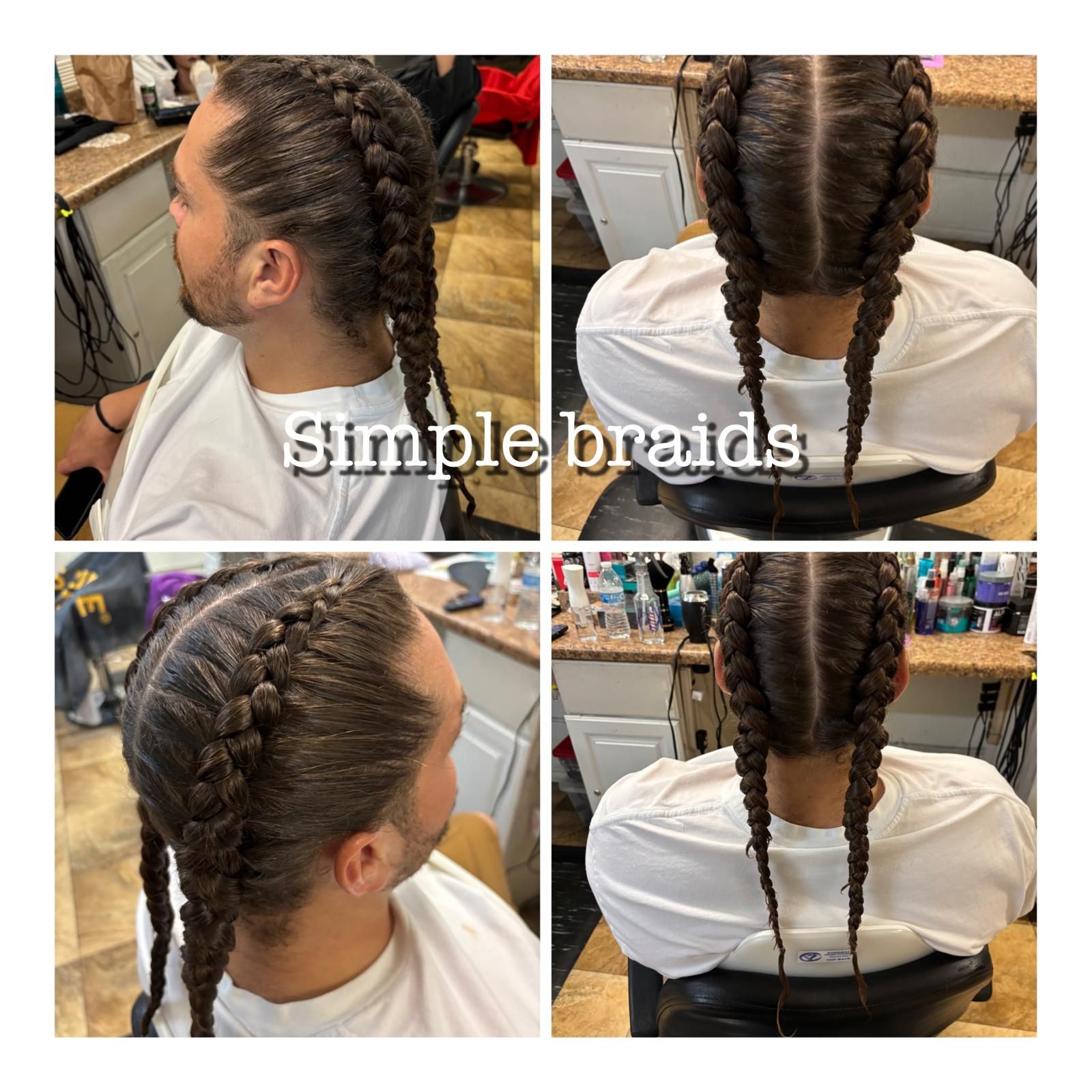 A collage showing four views of a person with hair styled into two symmetrical Dutch braids at a salon station.