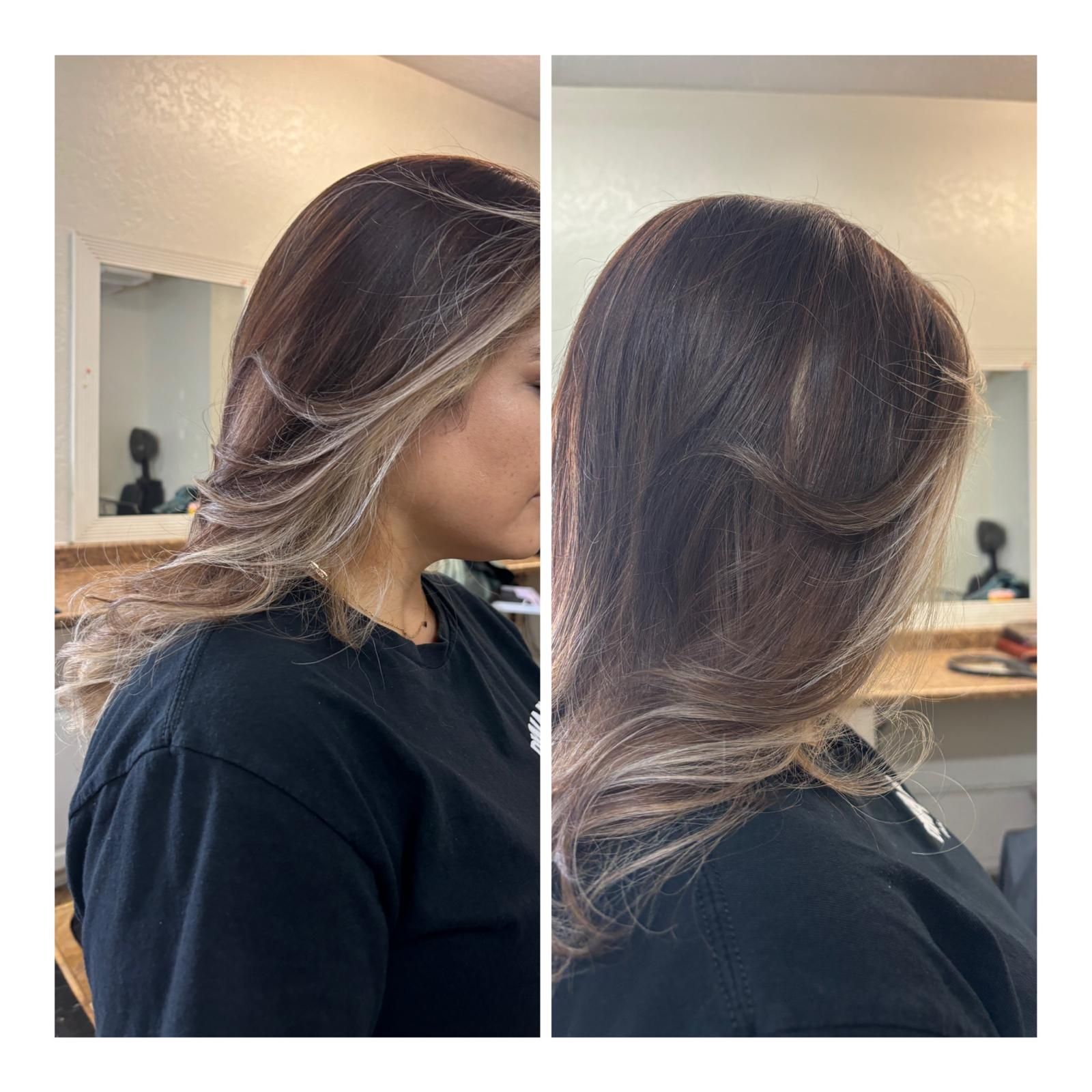 Side-by-side comparison of long, wavy hair featuring dark brown tones with lighter highlights in a salon setting.