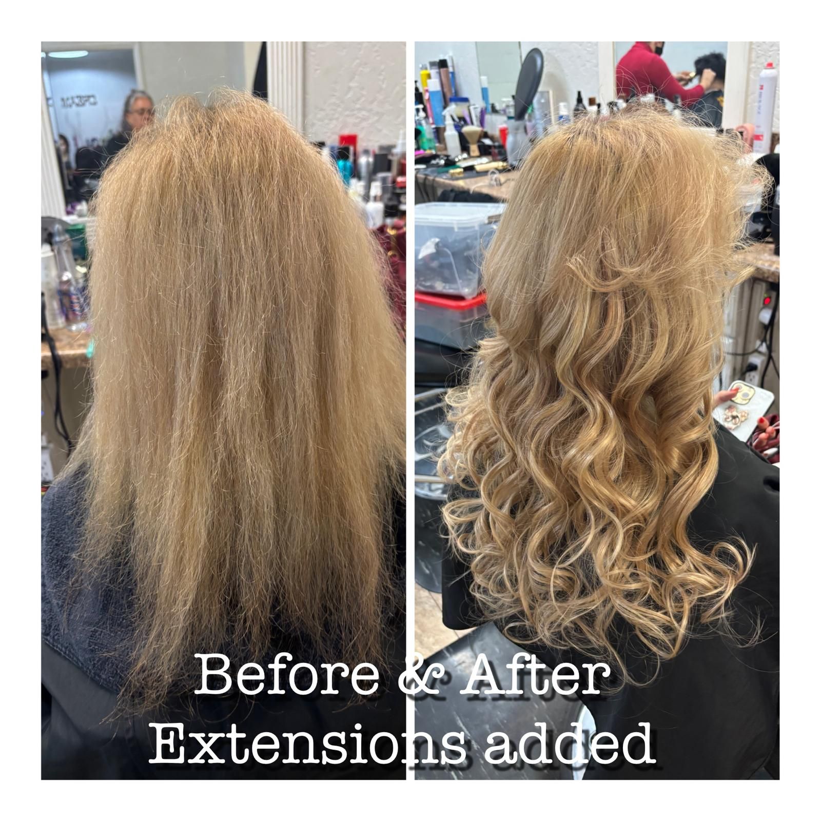 Before and after comparison of blonde hair, showing increased volume and length after the application of extensions.