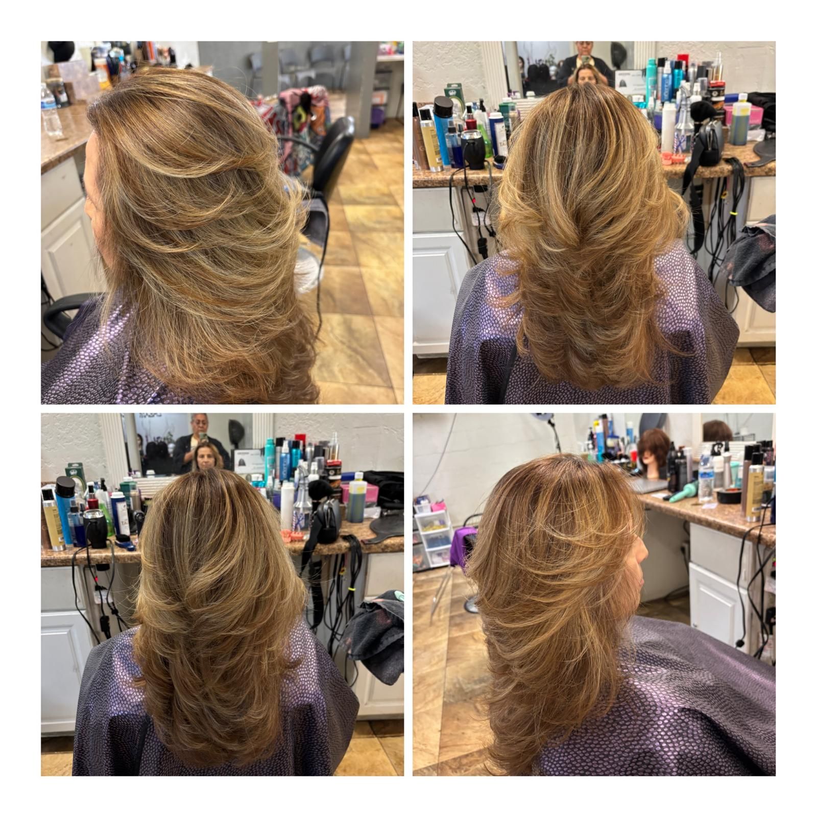 Four views of a person with long, layered, light brown hair styled in a salon, showing the cut from various angles.