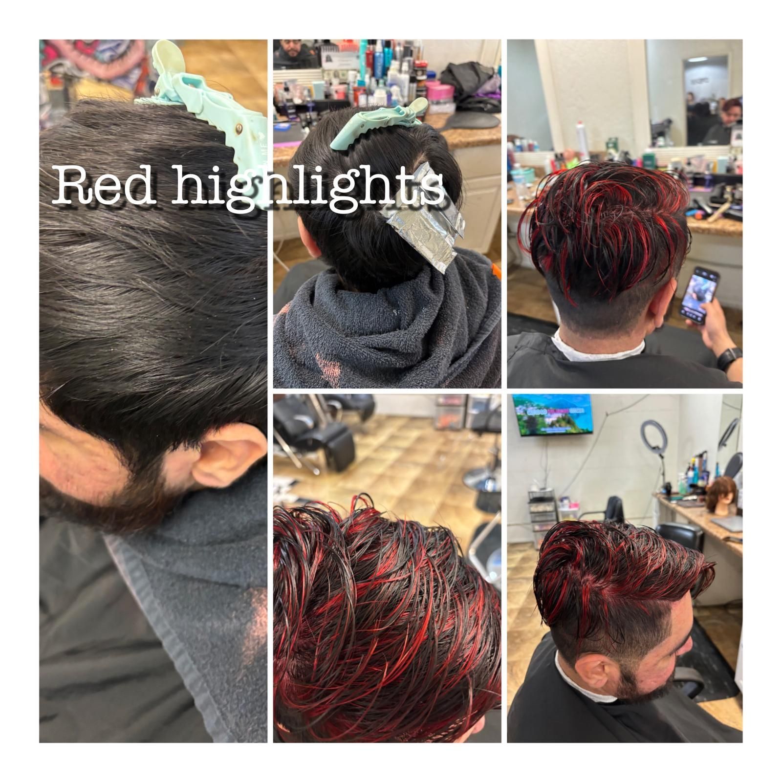 A collage showing the process of adding vibrant red highlights to dark hair in a salon setting.