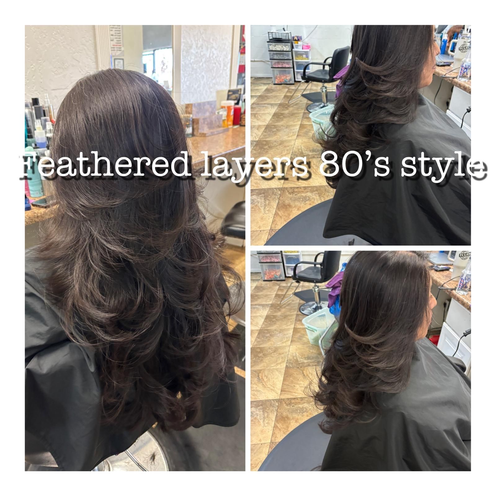 A collage showing a person with long, dark, feathered, 80s-style layered hair in a salon setting.