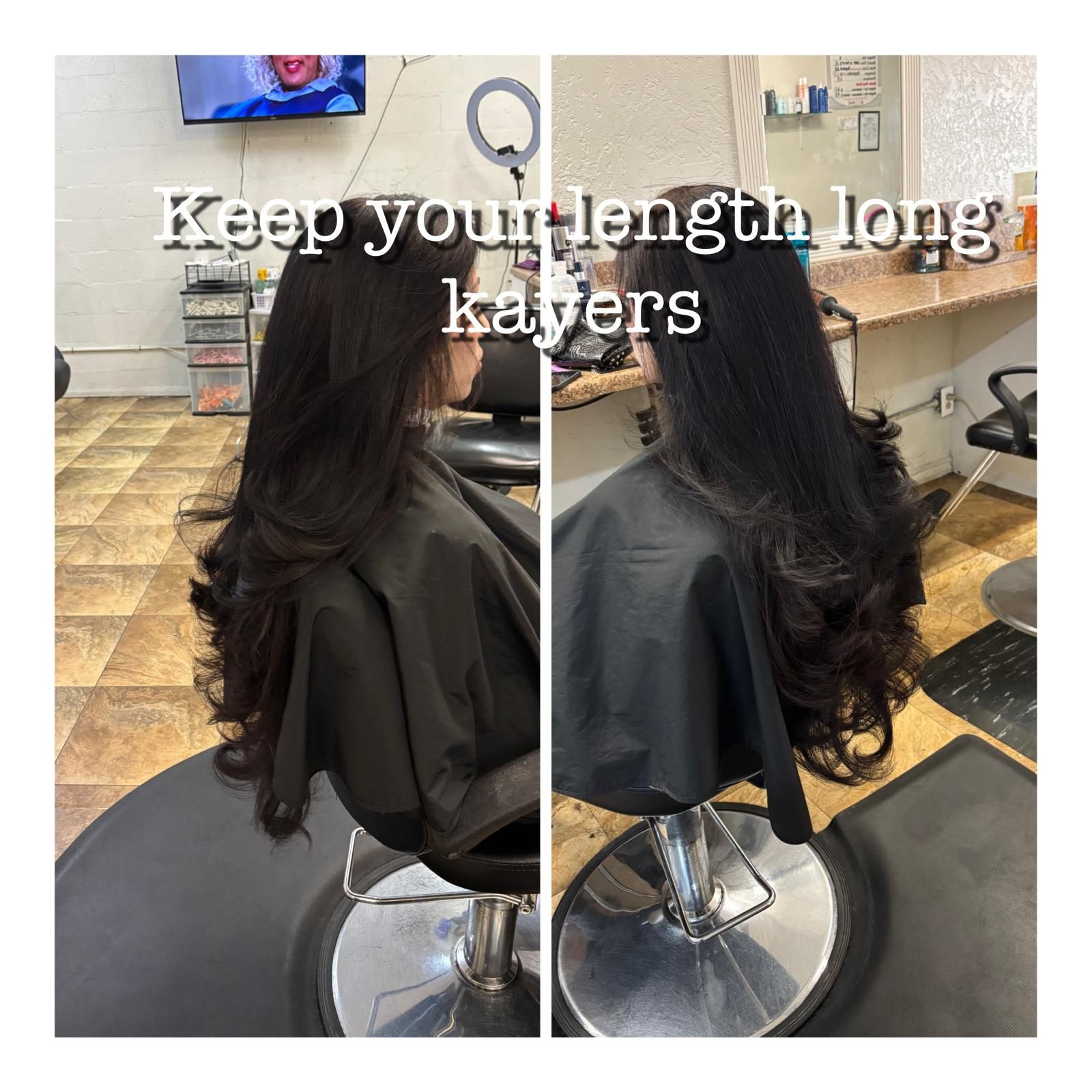 A split-screen photo of a person with long, dark, layered hair in a salon chair, captioned 