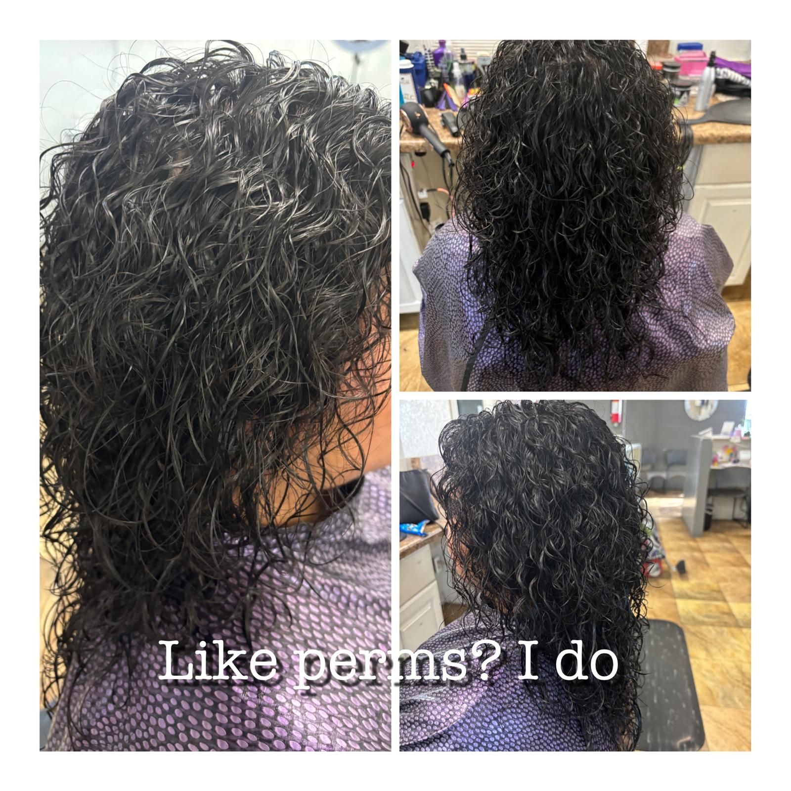 A three-part photo collage showing the back and side view of wet, dark, curly hair with the text: 