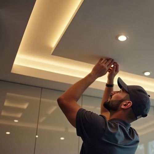 Man in a cap installing recessed ceiling light. Beige ceiling with recessed lighting.