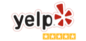 Yelp logo with five golden stars representing customer reviews.
