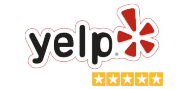 Yelp logo with five golden stars representing customer reviews.