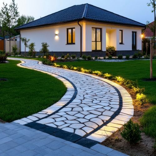 A stone pathway curves towards a white house with a dark roof, lit by landscape lights.