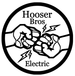 Hooser Bros Electric logo: two fists bumping with lightning bolts, in a black circular frame.