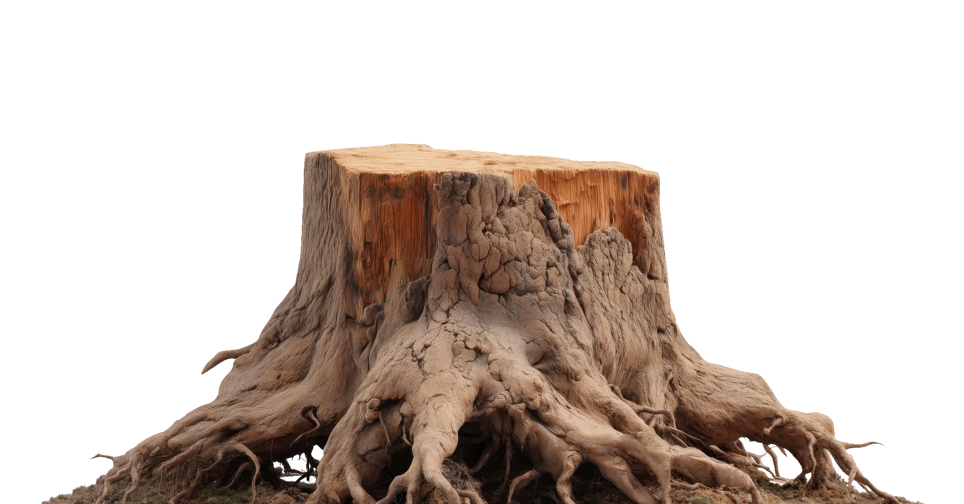 A tree stump with roots on a white background.