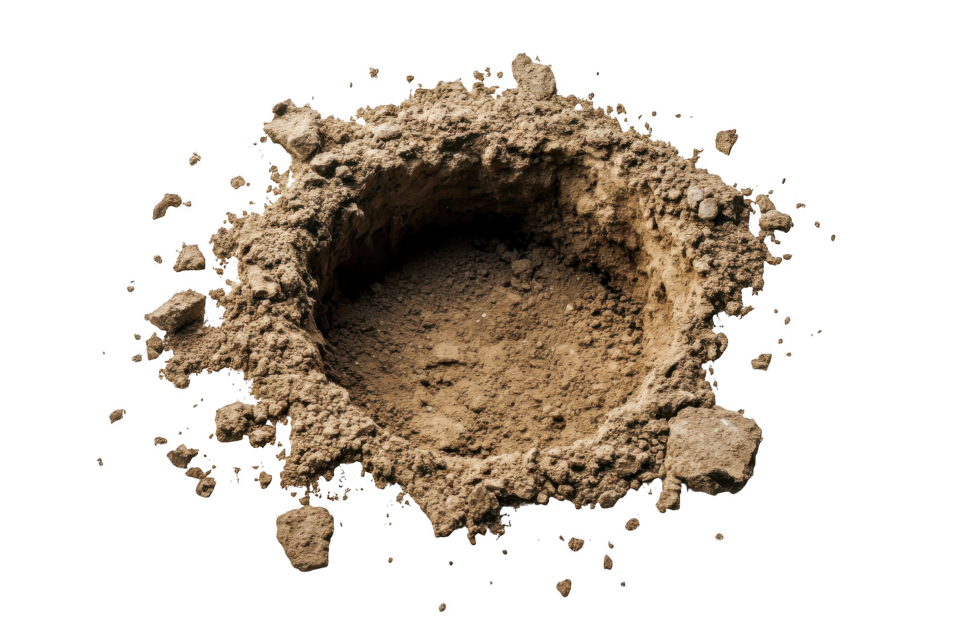 A pile of dirt with a hole in the middle on a white background.