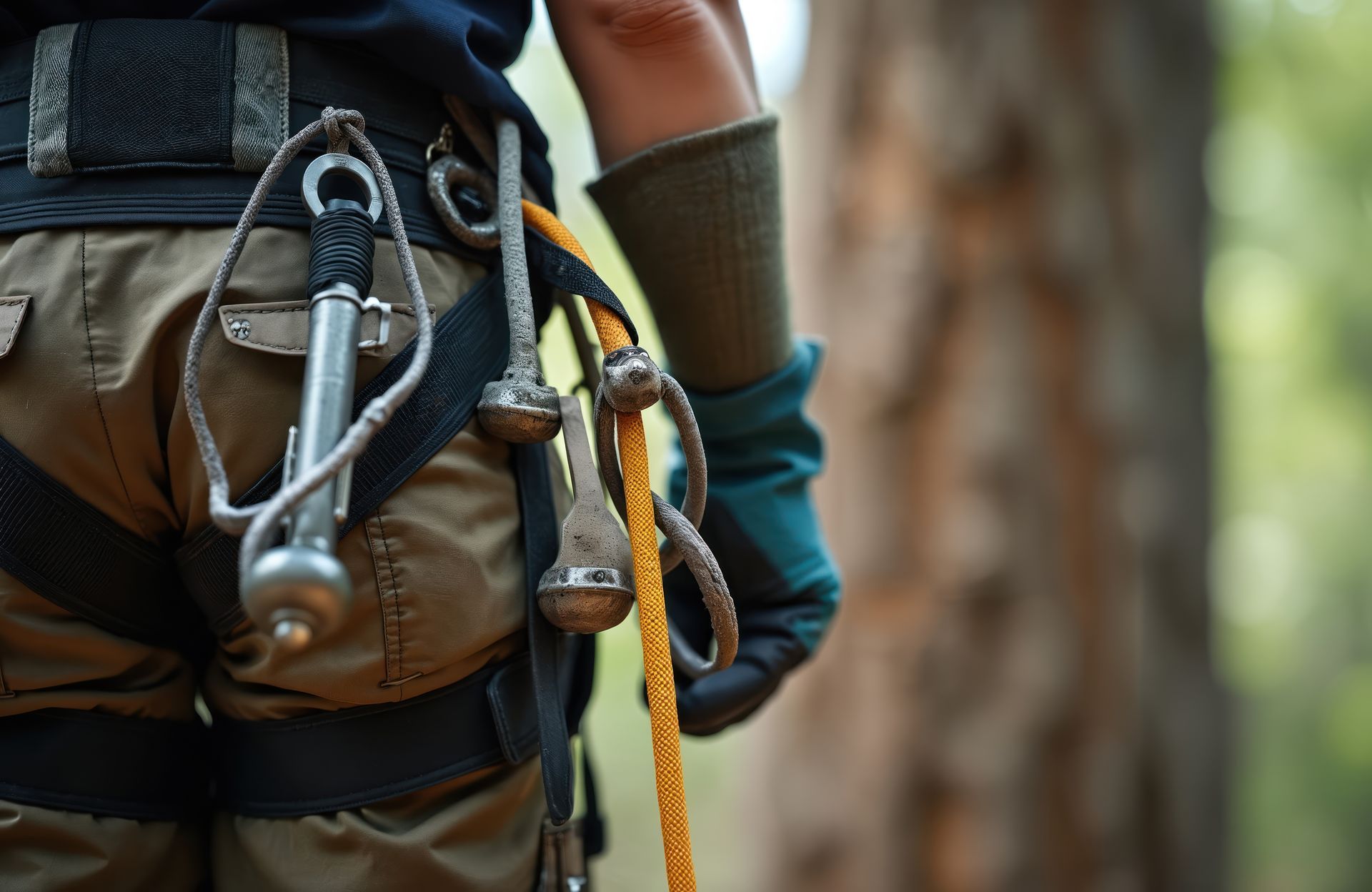A person wearing a harness and gloves is climbing a tree.