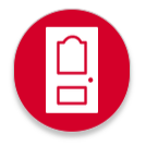 White door icon on red circular background.