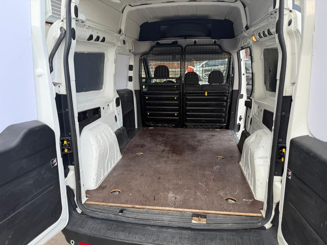 Interno vuoto di un furgone bianco con pavimento in compensato e portellone posteriore nero.