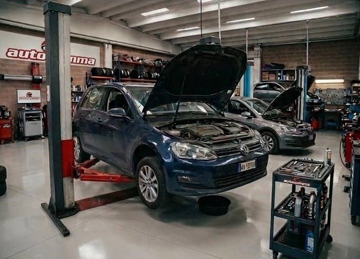 Un'auto blu con il cofano aperto in un'officina meccanica, sollevata su un ponte rosso, con un'altra auto sullo sfondo.