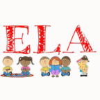 a group of children are sitting in front of the word ela .