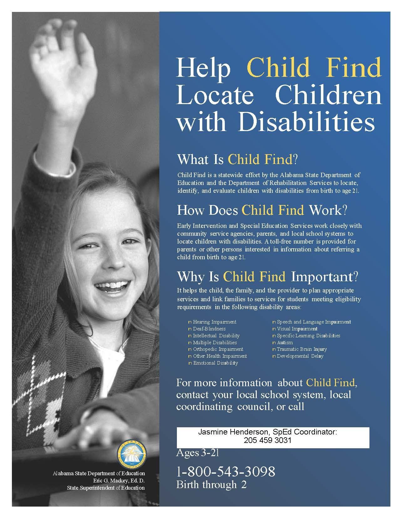 a poster that says help child find locate children with disabilities