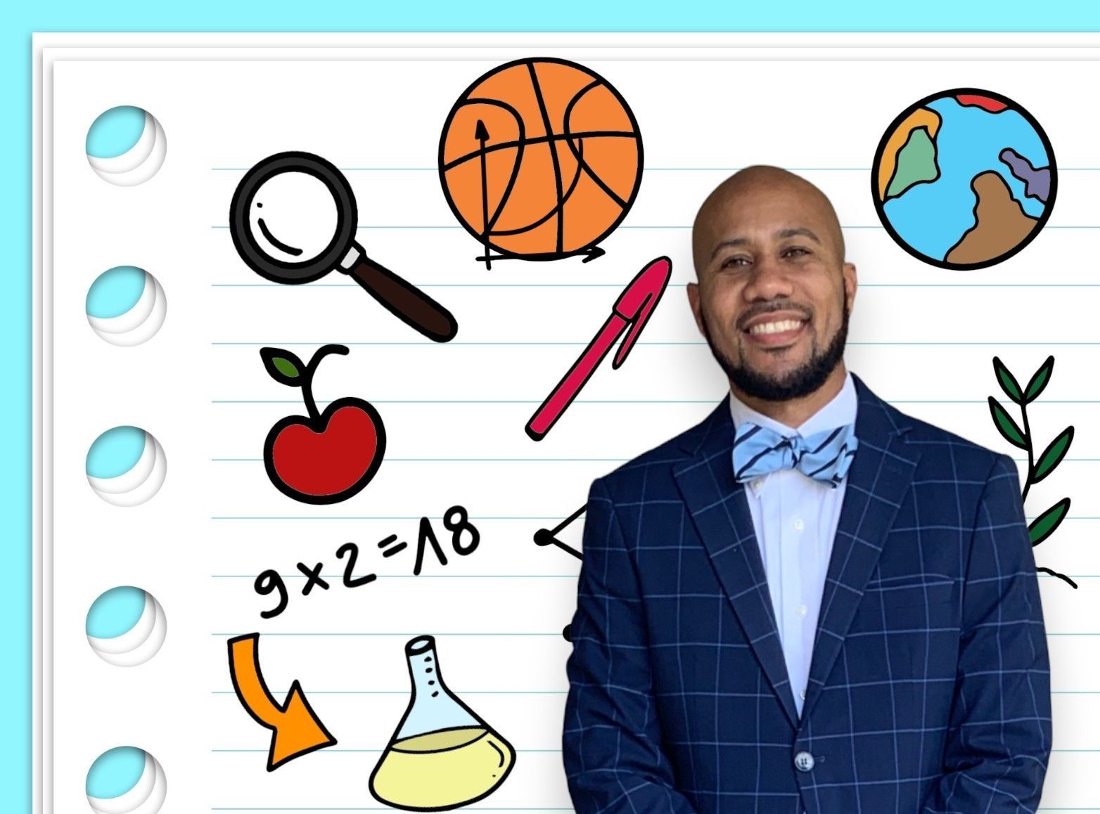 a man in a suit and bow tie is standing in front of a notebook with drawings on it .