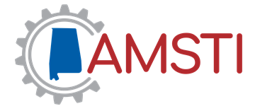 a logo for a company called amsti with a gear in the middle .