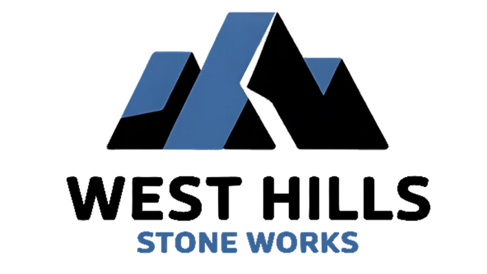 Logo for West Hills Stone Works: a mountain graphic in blue and black above the text 