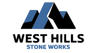 Logo for West Hills Stone Works: a mountain graphic in blue and black above the text