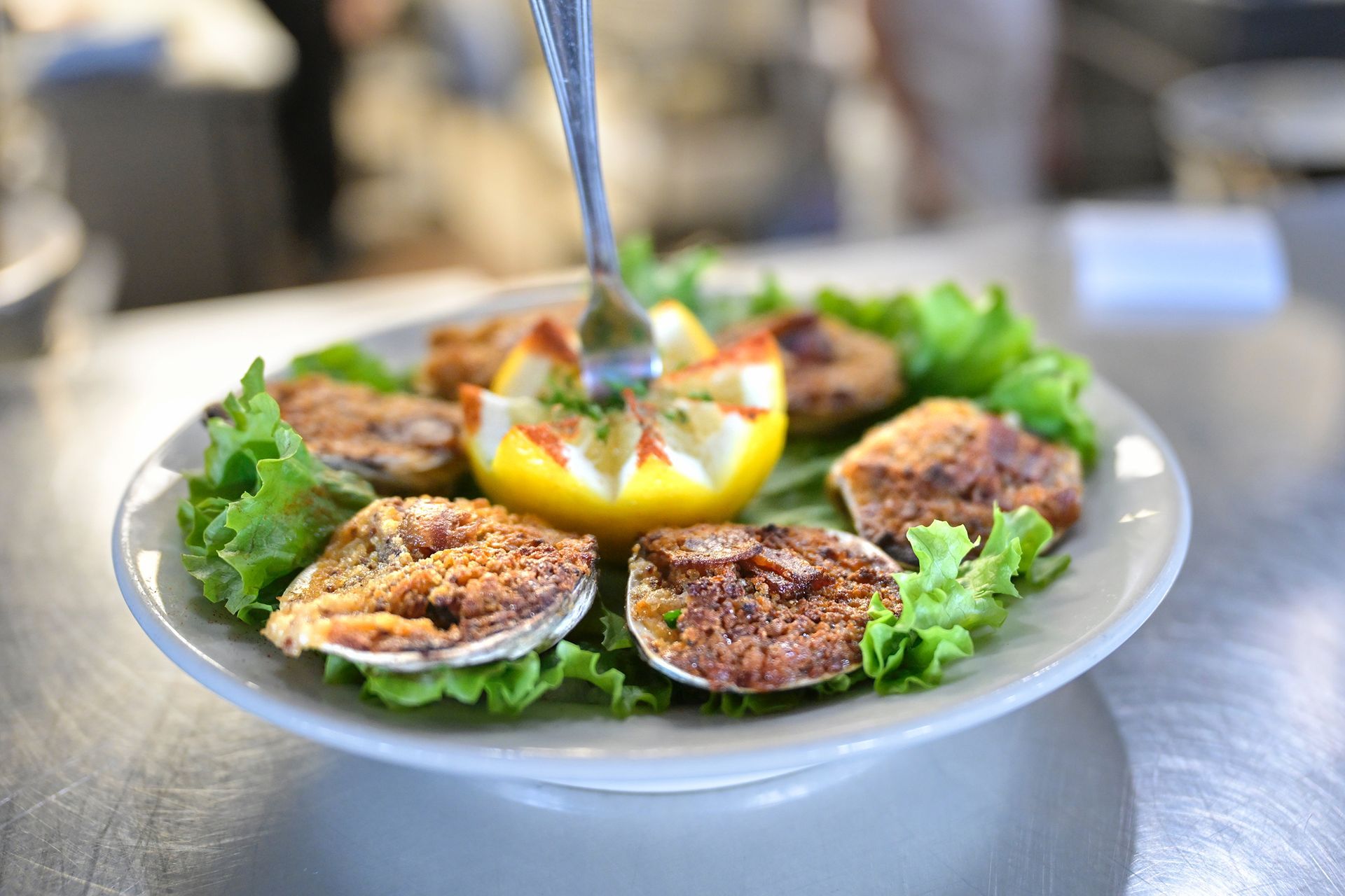 Garlic baked clams appetizer at Brophy Bros Restaurant & Clam Bar Santa Barbara Harbor